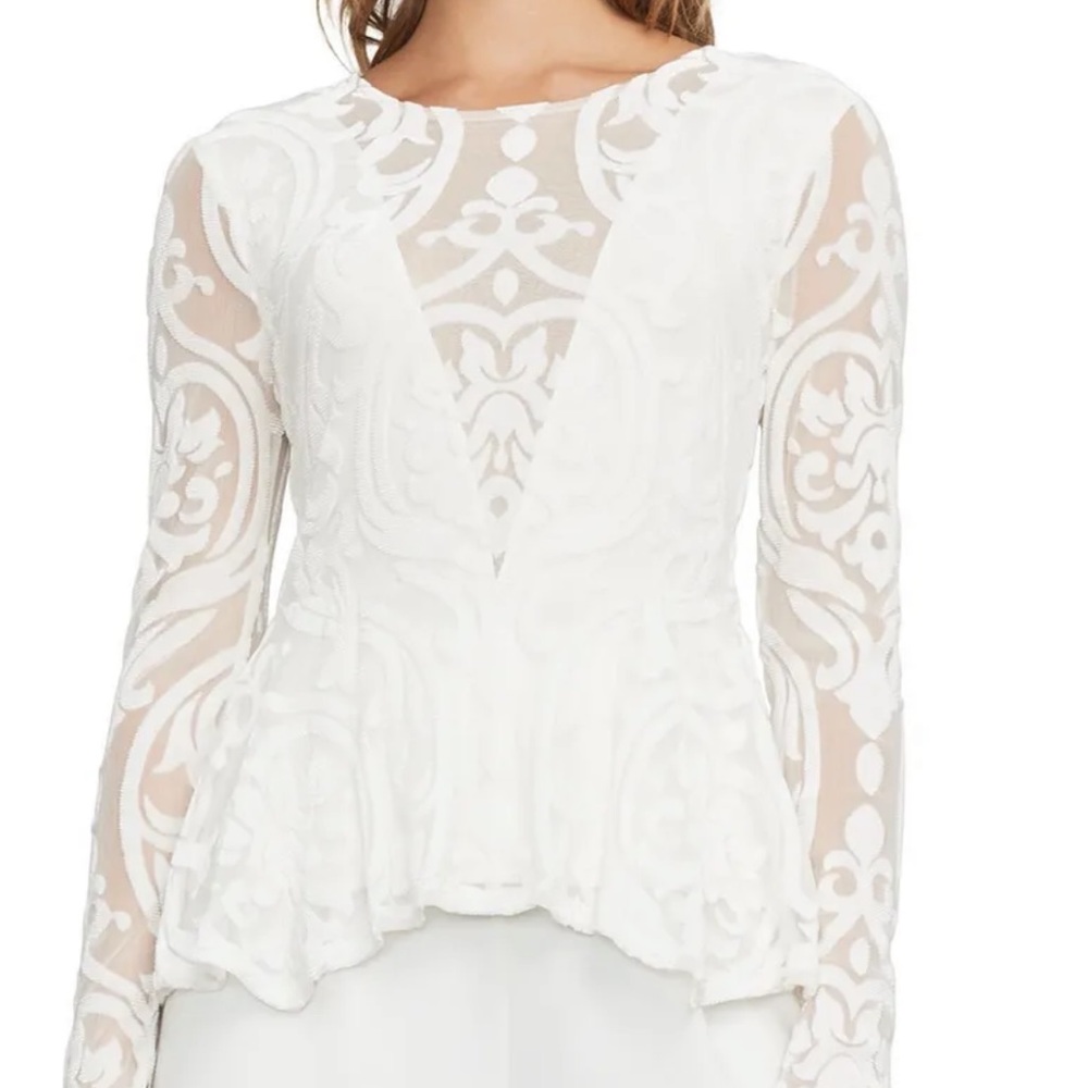 Bcbg Maxazria baroque burnout style peplum top semi sheer details gently used